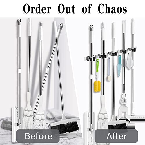 AceMining 5 Racks and 4 Hooks Mop and Broom Holder Wall Mount, Broom Organizer Storage Tool Racks Stainless Steel Heavy Duty Hooks Self Adhesive Solid Non-slip for Home Kitchen Garden Laundry Garage - color: 5 Racks & 4 Hooks (Silver) - 1 Pack