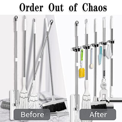 AceMining 5 Racks and 4 Hooks Mop and Broom Holder Wall Mount, Broom Organizer Storage Tool Racks Stainless Steel Heavy Duty Hooks Self Adhesive Solid Non-slip for Home Kitchen Garden Laundry Garage - color: 5 Racks & 4 Hooks (Silver) - 1 Pack