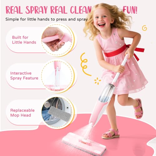 Kids Cleaning Toy Set,Pink Mini Spray Mop Montessori Toys Pretend Play Cleaning Tool for Toddlers with Spray Mop & Kids Broom Dustpan Set Cleaning Toys Gift for Toddlers Girls Boys Age 3+ - size: Pink, style: Cleaning Set