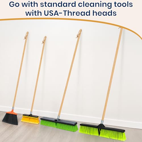 6 PK Wooden Push Broom Handle with American Threaded Metal Tips, 55” Lacquered Wood Handle with Easy Hanging Hemp Rope