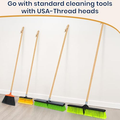 6 PK Wooden Push Broom Handle with American Threaded Metal Tips, 55” Lacquered Wood Handle with Easy Hanging Hemp Rope