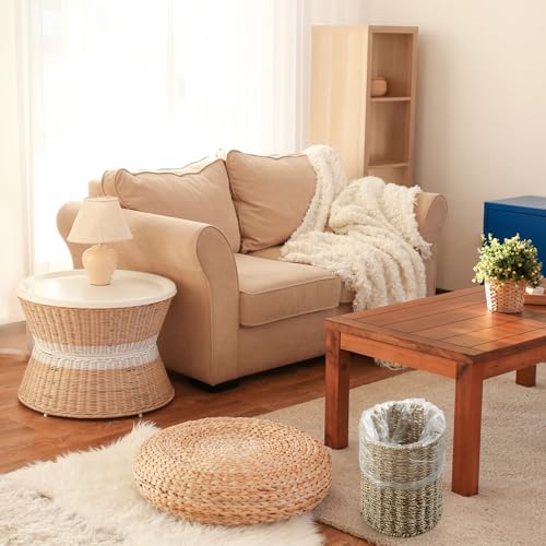 Ctosree 1.3 Gallons Small Trash Can with Lid Handle Boho Woven Braided Bathroom Waste Basket Trash Can with 100 Garbage Bags for Bedroom Office Laundry(Primary Color,Braided Straw Rope,Round) - color: Primary Color, style: Braided Straw Rope