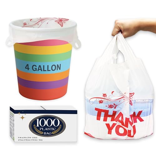 4 Gallon Small Trash Bags with Handles –1000Count 11" x 21" Plastic Garbage Bags for Home, Kitchen, Office, Bathroom – Thank You T-Shirt Style Bags for Small Business, Takeout, Grocery Use - style: White 1000