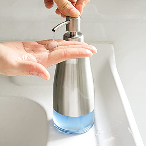 AUMIO Dish Soap Dispenser with Stickers, Kitchen Soap Dispensers Brushed Nickel Stainless Steel and Glass Combined, Refillable Liquid Hand Soap Dispenser for Bathroom & Kitchen (11OZ / 320ML) - color: Silver