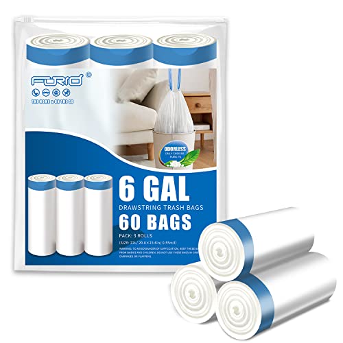 FORID Small Drawstring Trash Bags - 6 Gallon Plastic Trash Bags Heavy Duty White Trash Can Liners 60 Count Unscented Bin Bags for Kitchen Bathroom Office Home Bedroom 22 Liter - color: Best Seller: 6 Gallon - 60 Pack