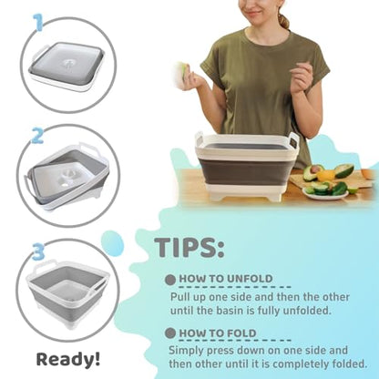 GIMWA Collapsible Wash Basin with Drain Plug - 2.4 Gallon Foldable Kitchen Sink for Baby Bottles, RV Camping, Space-Saving Dish Tub (Gray-Pink) - color: Gray-pink