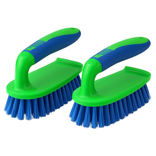 2-Pack Scrub Brushes with Rubber Grip – Heavy-Duty Bristles for Bathroom, Tile, Grout, Shower, Sink & Floor Cleaning – Dependable Industries - color: Blue-green