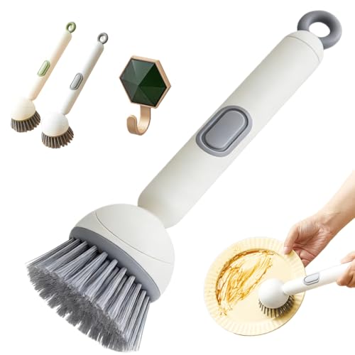 6-in-1 Rotatable Dish Brush with Detergent Dispenser, Dish Brush with Soap Dispenser for Pots Pans Dishes & Utensils 360° Rotating Adjustable Non-Slip Grip Handle Durable Pet Bristles (Grey) - color: Gray