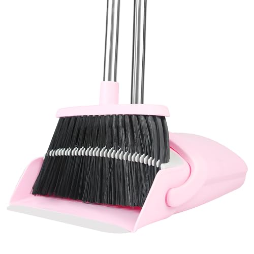 Pink Broom and Dustpan Set for Home, 52-in Long Handle Broom with Dustpan Combo with Dustpan Teeth Easy to Scrape Off Pet Hair, Indoor&Outdoor Sweeping（Pink） - color: Pink&grey