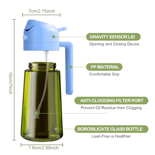 YARRAMATE 16oz/470ml Dark Green Oil Sprayer for Cooking with Stickers, Food-grade Premium 2 in 1 Olive Oil Dispenser Bottle for Kitchen Gadgets, Air Fryer, Salad, Frying, BBQ (SkyBlue) - color: 08_SkyBlue
