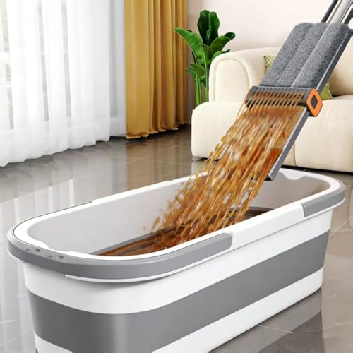 Large Flat Mop and Scalable Bucket with Wheels, 360 Rotating Microfiber Dust Mop with Dewatering Scraper, 54" Adjustable Stainless Steel (1 Mop + 6 Microfiber Pads + 1 Bucket)