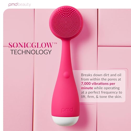 PMD Clean Mini - Smart Facial Cleansing Device with Silicone Brush & Anti-Aging Massager - Waterproof - SonicGlow Vibration Technology - Clear Pores and Blackheads - Lift, Firm, and Tone Skin - color: Pink