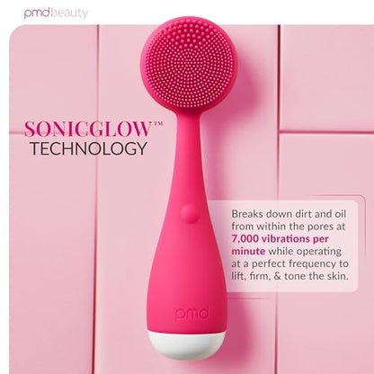 PMD Clean Mini - Smart Facial Cleansing Device with Silicone Brush & Anti-Aging Massager - Waterproof - SonicGlow Vibration Technology - Clear Pores and Blackheads - Lift, Firm, and Tone Skin - color: Pink