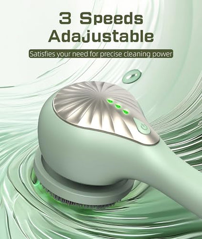 Electric Body Brush Back Scrubber for Shower, IPX6 Water Proof Bath Brush with Long Handle, 6 Heads 3 Speeds Rechargeable Electric Spin Scrubber for Cleanse, Massage, Exfoliate