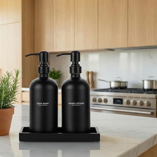 2 Packs Glass Dish Soap Dispenser Set for Kitchen, Hand and Dish Soap Dispenser with Stainless Steel Pump & Resin Tray, Rental-Modern Refillable Countertop Soap Dispenser for Bathroom,Matte Black - color: Matte Black