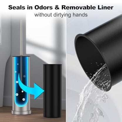 Stain Nickel Toilet Brush and Holder Set，Stainless Steel Heavy Duty Toilet Bowl Brush，Extra Long Handled Modern Toilet Cleaner Brush with Replaceable Head, Removable Inner Bowl, and Splash Protection - color: Nickel, size: 1 Pack