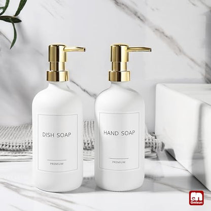GMISUN White Soap Dispenser, 2 Pack Glass Hand Soap Dispensers Bathroom with Gold Pump, 17 Fl Oz Dish Soap Dispenser Set for Kitchen, Refillable Modern Liquid Soap and Lotion Dispensers Bottle - color: White Bottle + Golden Pump