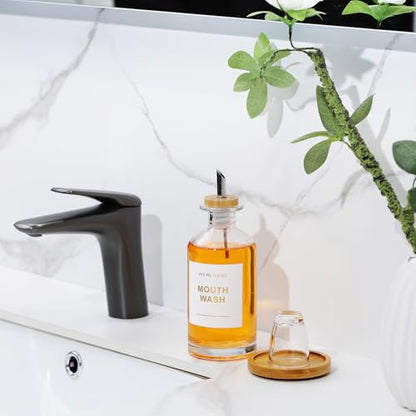 11.8OZ Glass Mouthwash Dispenser for Bathroom with Stainless Steel & Bamboo Nozzle, Mouthwash Cup Reusable, Bamboo Tray, and Elegant Gold Sticker.（Clear - color: Clear/350*1