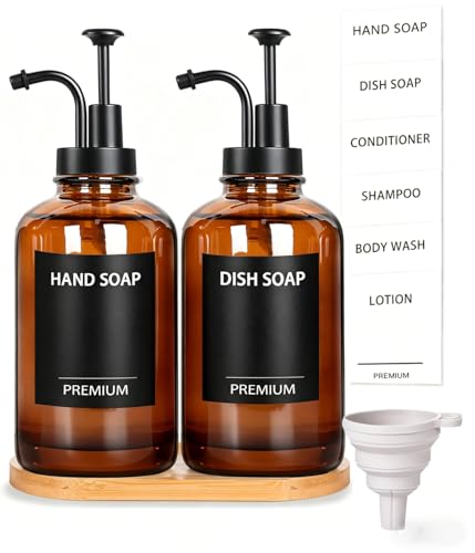 Amber 18 Oz Dish Soap Dispenser for Kitchen, Ultra-Thick Glass Soap Dispenser Set with Tray, Pump, Funnel for Bathroom, Liquid, Lotion, Shower, Laundry, (2 Pack with 12 Stickers) - color: Amber, size: 18Oz