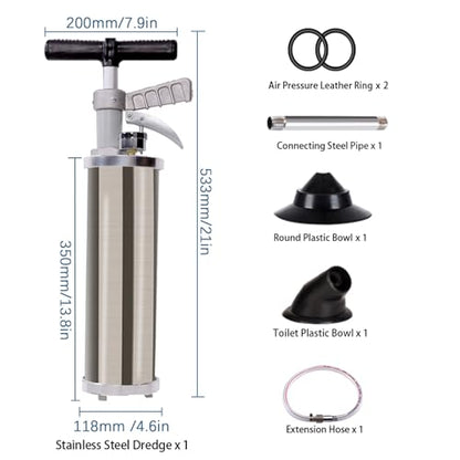 Portable High Pressure Kinetic Toilet Plunger Air Drain Blaster Pump for Bath Toilets Bathroom Shower Kitchen Clogged Pipe - color: Gray
