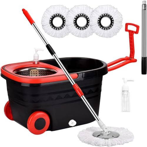Spin Mop and Bucket with Wringer Set On Wheels, 360° Spinning Mop Bucket System with 3 Microfiber Replacement Heads, 61" Stainless Steel Extended Handle for Floor Cleaning Black/Red (25QT) (Big Black) - color: Big Black