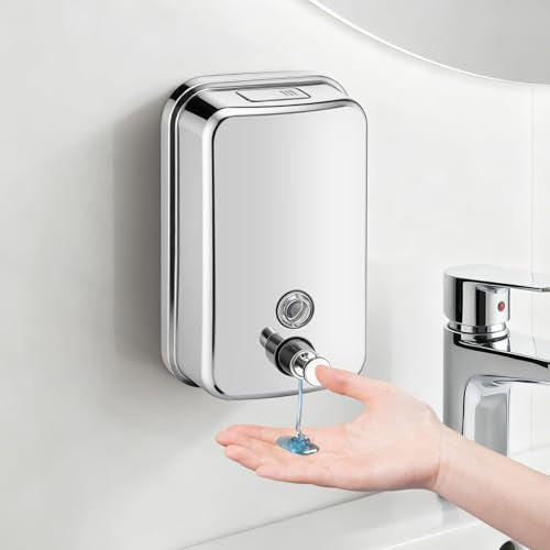RYTOXILO Wall Mounted Soap Dispenser Silver Stainless Steel Commercial Soap Dispenser Hand Soap Dispenser for Bathroom Kitchen Home (34 fl oz / 1000ml) - color: Silver