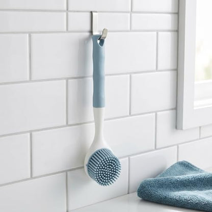 2 PCS Silicone Dishwashing Brush, Non-Stick Pot Scrubber with Long Handle, Durable Scrub Brushes for Cleaning Dishes, Cast Iron Pans, Sinks and Kitchen Cookware, Heat Resistant Cleaning Tool