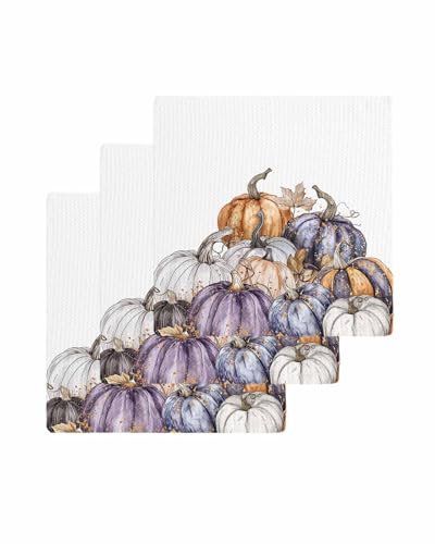 Thanksgiving Pumpkins Dish Towels Set, Waffle Weave Kitchen Towels 3 Pieces, Microfiber Hair Face Bath Tea Towel Absorbent Quick Drying Cleaning Dish Cloths, Autumn Botanical Maple Leaf 12"x12" - color: Purple Orange White, size: 3PCS,12"x12"