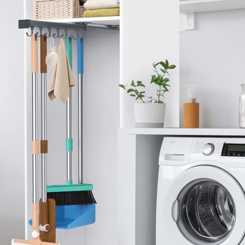 Pull Out Broom Holder, Multifunctional Slide Broom And Mop Storage/Organizer With Adjustable Double Row Sliding Hook, Garage Organization Hooks, for Closet Laundry - grey - 36cm/14.17inch - color: Dark grey, size: 14.17 inches