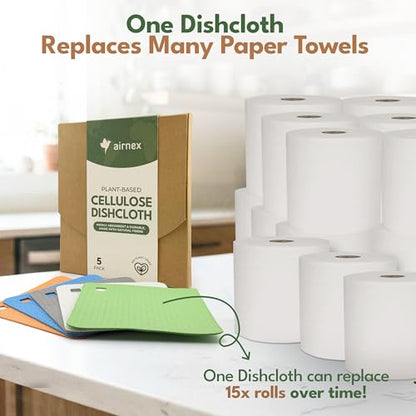AIRNEX 5 Pack Cellulose Swedish Dishcloths for Kitchen - Eco-Conscious Reusable Dish Towels & Cloths - Super Absorbent, Odor Resistant and Fast Drying Wash Cloths for Dishes & Surfaces - size: 5 Pack