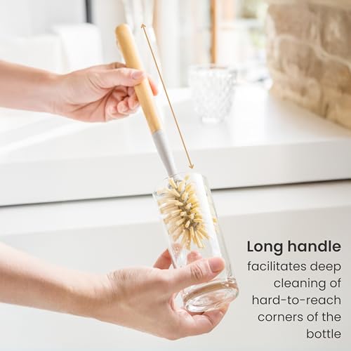 Vigar Zeroline 13.9" Bamboo Bottle Brush With Long Handle - Water Bottle Brush for Glassware, Tumblers, Jars and Vases, Kitchen Dish Scrubber, Wooden Bottle Cleaner, Dish Brush for Sink, Kitchen Brush - size: 13.9- Inches