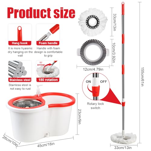 Spin Mop and Bucket with Wringer Set, 360° Spinning Mop Bucket System with 6 Microfiber Mop Replacement Heads and 61" Stainless Steel Adjustable Handle for Floor Cleaning (20QT) - color: White