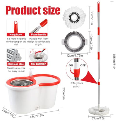 Spin Mop and Bucket with Wringer Set, 360° Spinning Mop Bucket System with 6 Microfiber Mop Replacement Heads and 61" Stainless Steel Adjustable Handle for Floor Cleaning (20QT) - color: White