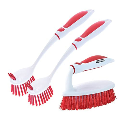 Deep Cleaning Brush Scrubber Set of 3-2 Double Sided Dish and Vegetable Brush and 1 All-Purpose Scrub Brush – Heavy Duty, Non-Scratch, Multipurpose Utility Scrubber for Home, Kitchen, Bathroom – Red