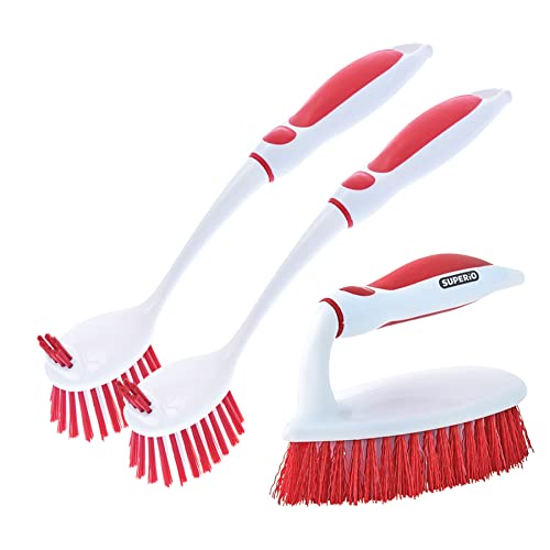 Deep Cleaning Brush Scrubber Set of 3-2 Double Sided Dish and Vegetable Brush and 1 All-Purpose Scrub Brush – Heavy Duty, Non-Scratch, Multipurpose Utility Scrubber for Home, Kitchen, Bathroom – Red