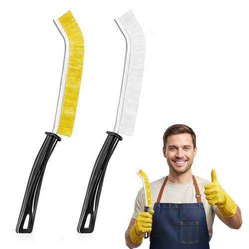 2 Pack Hard Bristle Crevice Cleaning Brush Set, Narrow Spaces Deep Reach Gap Scrub Tool with Long Handle for Household Use Kitchen Bathroom Sink Track, Mixing Colors - color: White + Yellow