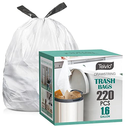 1.6 Gallon Small 220 Counts Strong Drawstring Trash Bags Garbage Bags by Teivio, Bathroom Trash Can Bin Liners, Plastic Bags for home office kitchen, White - style: 220-1.6 Gallon-White