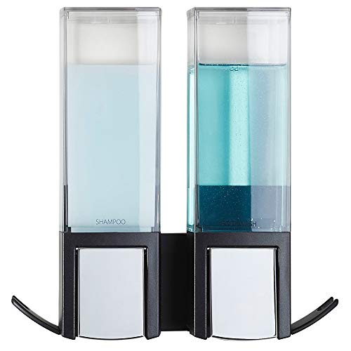 Better Living Clever Double Shower Dispenser 2 Chamber, Wall Mount Shower Soap Dispenser for Bathroom Hotel Body Wash, Storage Hooks, No Drill, Waterproof Shampoo Soap Dispenser, 2 x 17 oz, Black - color: Black/Chrome, style: Double Dispenser
