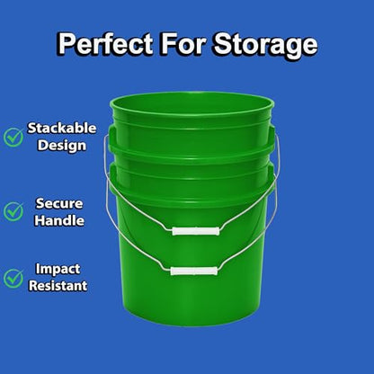 MKS Plastics 5-Gallon Bucket with Airtight Lid – Made in USA, Food Grade BPA Free Plastic, Heavy Duty Multi-Use, Metal Handle with Grip, Stackable Storage – Green, 6 Pack - color: Green, size: 6