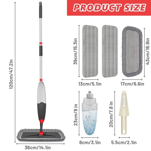HOMTOYOU Microfiber Hardwood Floor Mop: Spray Mop for Cleaning Wood Floors | Wet Mopping & Dry Sweeping, 3 Reusable Refill Pads, 1Pcs 400+ML Refillable Bottle, 360° Swivel Head, Black - color: Black Red