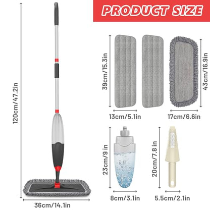 HOMTOYOU Microfiber Hardwood Floor Mop: Spray Mop for Cleaning Wood Floors | Wet Mopping & Dry Sweeping, 3 Reusable Refill Pads, 1Pcs 400+ML Refillable Bottle, 360° Swivel Head, Black - color: Black Red