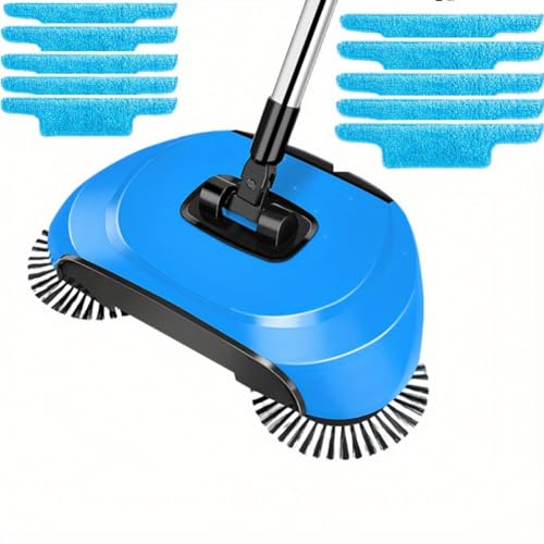 Manual Sweeper, Carpet Sweeper, Mini Hand Push Sweeper 3 in 1 Household Cleaning Lazy Dustpan Trash Bin 360° Rotating Floor Cleaning Mop for Hardwood Ceramic Tiles, with 10 Cloth (Blue) - color: Blue