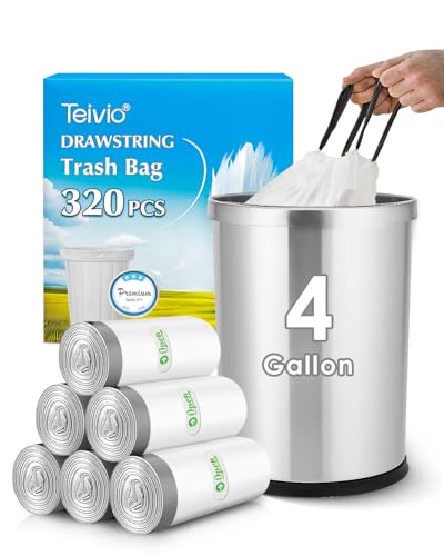 4 Gallon 320 Counts Strong Drawstring Trash Bags Garbage Bags by Teivio, Bathroom Trash Can Bin Liners, Small Plastic Bags for home kitchen office, White - style: 320-4 Gallon-White