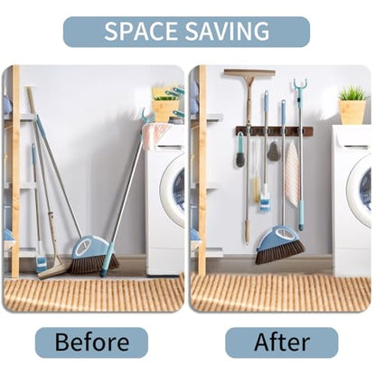 Left Pull Out Broom Holder Wall Mount, Broom and Mop Organizer Wall Hanging for Garage Garden Organize, Rustic Wood Broom Hanger with 4 Slots and 4 Hooks for Home Décor, Kitchen and Closet