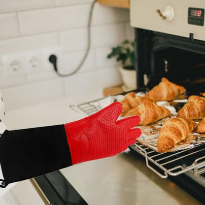 1 Pair Extra Long Professional Oven Mitts, Non-Slip Silicone Grip Heat Resistant,19.7" Length,Up to 572℉ for BBQ Cooking Baking Grilling (Red) - color: Red