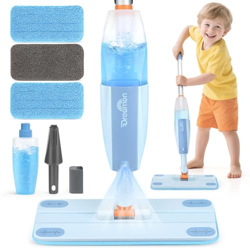 Dreamon Kids Spray Mop - Real Working Toddler Cleaning Set with Water Sprayer & 3 Washable Mop Pads & Scraper, Pretend Play Montessori Housekeeping Toys Gifts for Toddlers Kids Girls Boys(Blue) - color: Blue