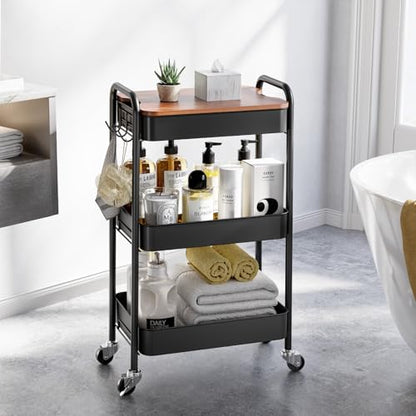 TOOLF 3-Tier Rolling Cart with Table Top, Metal Storage Cart on Wheels, Utility Organizer with Wooden Tray, Lockable Casters, Easy Assembly for Bathroom, Living Room, Office, Kitchen, Black - color: Black