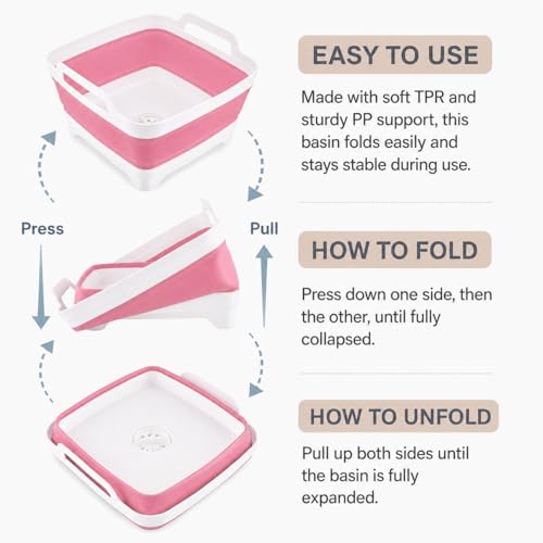 2.4 Gal(9L) Collapsible Dish Basin with Drain Plug, Space Saving Outdoor Multiuse Foldable Sink Tub, Dishpan, Kitchen Storage Tray for Camping, Vegetable Washing, RV (Pink) - color: Pink