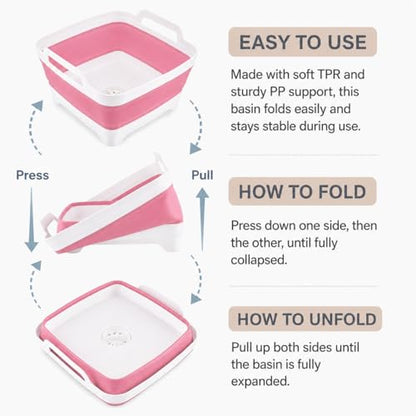 2.4 Gal(9L) Collapsible Dish Basin with Drain Plug, Space Saving Outdoor Multiuse Foldable Sink Tub, Dishpan, Kitchen Storage Tray for Camping, Vegetable Washing, RV (Pink) - color: Pink