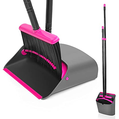 JEHONN Broom with Dustpan Combo Set, Long Handle Lightweight Indoor Broom Set, Upright Standing Dust Pan with Comb Teeth Store Sweep Set for Home Room Kitchen Office Lobby (Rose Red) - color: Rose Red